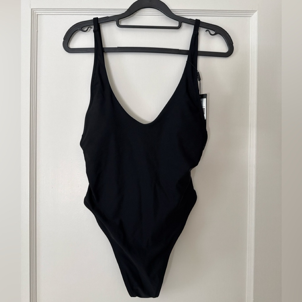 Relleciga Black One-Piece Thong Swimsuit